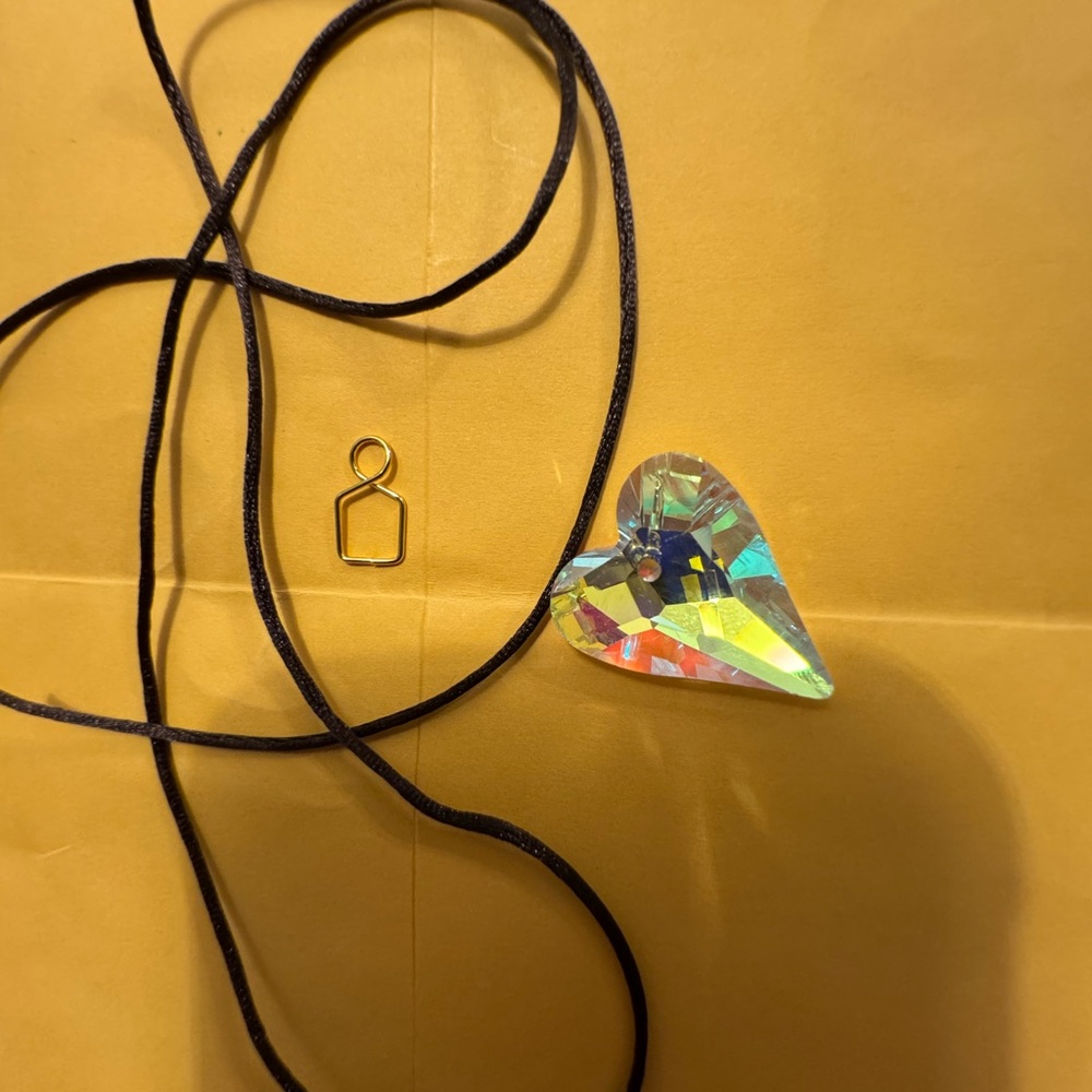 Brand new crystal heart pendant (1) w silk brown rope necklace and gold hardware